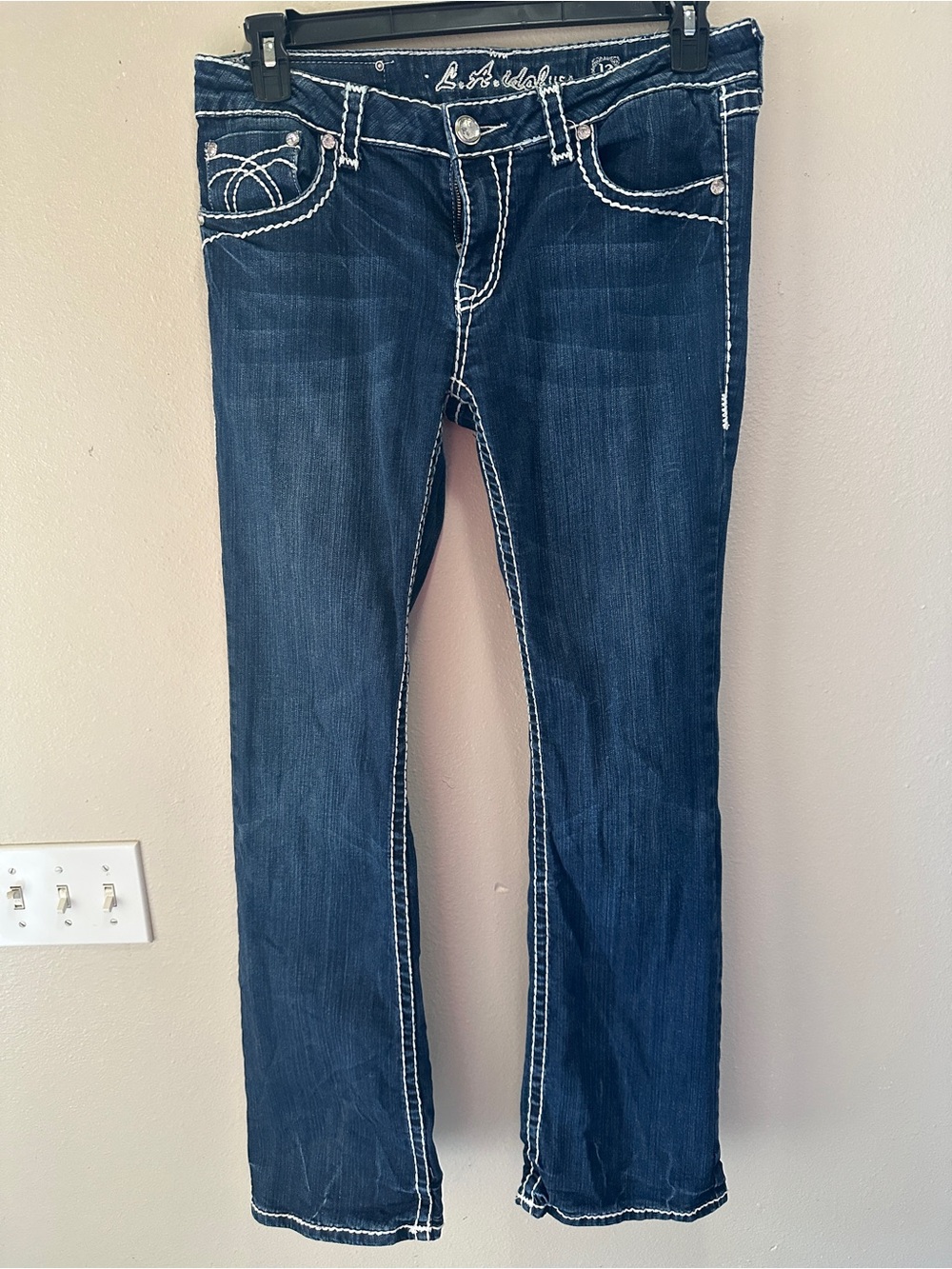 L.A. Idol Women's Dark Indigo Bootcut Jeans with White Contrast Stitching